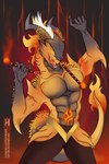 anthro bottomwear clothed clothing fire grey_body lava male melee_weapon muscular nunchaku orange_body pants smile smirk solo tail topless topless_anthro topless_male weapon yellow_eyes hynvale mythology rona_(enryu91) dragon dralic mythological_creature mythological_scalie scalie hi_res