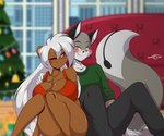 anthro big_breasts breasts christmas_tree cleavage clothed clothing cuddling duo female happy holidays male male/female one_eye_closed plant romantic sitting smile tree mastergodai christmas naomi_(mastergodai) sly_asakura bear domestic_cat felid feline felis mammal 2021