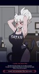 2020 abbb apron artist_name blush bottomwear breasts cjk_tally_marks clothed clothing dated demon demon_humanoid english_text female hair hands_behind_head helltaker hi_res horn horned_humanoid humanoid looking_away lucifer_(helltaker) red_eyes red_text solo spade_tail spatula tail tally_marks text tools white_hair white_text