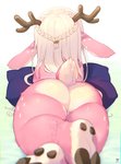 ambiguous_gender anthro antlers big_butt blurred_foreground braided_hair butt cloven_hooves countershade_feet countershading crossed_legs deer feet fur hair hi_res hooves horn kemono kishibe long_hair looking_away lying mammal markings on_front pillow pink_body pink_fur rear_view short_stack small_tail soles solo spots star_(marking) tail thick_thighs tona_(kishibe) underhoof white_body white_fur white_hair