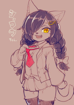 5_fingers accessory anthro black_hair bottomwear clothed clothing cute_fangs fangs female fingers fur hair kemono legwear long_hair looking_at_viewer necktie open_mouth open_smile red_necktie ribbons simple_background skirt smile snout solo standing tan_background teeth text thigh_highs yellow_eyes unknown_artist domestic_cat felid feline felis mammal japanese_text source_request