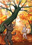 anthro autumn autumn_leaves black_body black_fur blush collar duo falling_leaves fist fur happy leaf leaf_pile leaves_on_ground male muscular plant tail tail_motion tailwag tree white_body white_fur coughee_aholic housepets! fox_(housepets!) mungo_(housepets!) canid canine canis domestic_dog husky mammal nordic_sled_dog spitz absurd_res hi_res