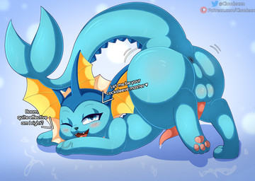 animal_genitalia anus balls big_butt blue_body blush bodily_fluids butt erection feral genital_fluids genitals looking_at_viewer male master nude open_mouth penile penis raised_tail simple_background smile solo tail tapering_penis text cloudeon nintendo pokemon eeveelution generation_1_pokemon mammal pokemon_(species) vaporeon 2023 absurd_res digital_media_(artwork) hi_res