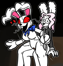 4_fingers accessory alternate_universe ambiguous_penetration anthro anthro_on_anthro anthro_penetrated anthro_penetrating anthro_penetrating_anthro big_breasts black_clothing black_shirt black_topwear blue_bow_tie blush bow_tie breasts buckteeth chair_position clothing dominant dominant_anthro dominant_female duo eyewear featureless_breasts female female_on_top female_penetrated fingers from_behind_position fur glasses grey_necktie gynomorph gynomorph/female gynomorph_on_bottom gynomorph_penetrating gynomorph_penetrating_female hair heart_symbol intersex intersex/female intersex_on_bottom intersex_penetrating intersex_penetrating_female necktie on_bottom on_top open_mouth penetration pink_hair pink_inner_ear plushie pubes sex shirt smile teeth thick_thighs topwear whiskers white_body white_eyes white_fur white_hair ultilix five_nights_at_freddy's five_nights_at_frickbear's_(series) scottgames phib_(fr0gv0re) vannabelle_dewlap vanny_(fnaf) lagomorph leporid mammal rabbit 2026 colored digital_drawing_(artwork) digital_media_(artwork) trans_(lore) trans_woman_(lore)
