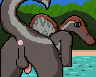 annoyed anthro anus backsack balls bent_over butt circumcised genitals green_sclera grey_body half-erect looking_back male mountain multicolored_body nude penis pink_anus red_body reflection river sail_(anatomy) solo stripes water 5up3rfr34k amblin_entertainment jurassic_park universal_studios asset_87_(jurassic_park_3) dinosaur prehistoric_species reptile saurischian scalie spinosaurid spinosaurus spinosaurus_(jurassic_park_3) theropod