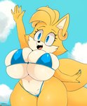 2_tails anthro big_breasts bikini blue_eyes blue_nails breasts bulging_breasts clothing colored_nails crossgender female fur huge_breasts mtf_crossgender multi_tail nails open_mouth solo swimwear tail two-piece_swimsuit yellow_body yellow_fur berkthejerk sega sonic_the_hedgehog_(series) miles_prower canid canine fox mammal 2022 hi_res