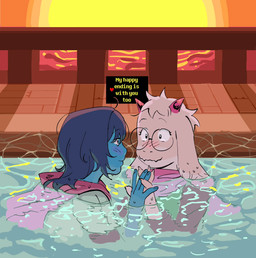 ambiguous_gender anthro blue_hair blush duo eyewear glasses hair hand_holding horn hot_spring male mostly_submerged sunset water tominnii deltarune undertale_(series) kris_dreemurr ralsei bovid caprine goat human mammal hi_res