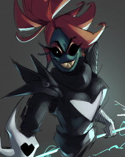 anthro armor black_armor black_sclera blue_body breastplate ear_fins eyebrows female female_anthro fin front_view grey_armor grey_background hair holding_object looking_at_viewer ponytail pupils red_hair simple_background smile smiling_at_viewer solo teeth white_pupils rekkadraws undertale_(series) undyne animal_humanoid aquatic fish humanoid 2025 digital_drawing_(artwork) digital_media_(artwork) portrait