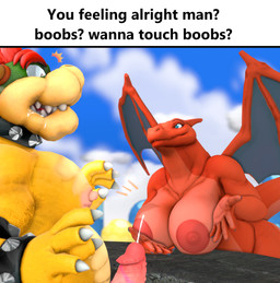 anthro anthro_on_anthro big_nipples bodily_fluids breasts drooling duo ejaculation erection female genital_fluids genitals huge_nipples male male/female nipples non-mammal_nipples nude penis precum presenting presenting_breasts saliva surprised text tigura reptilligator_(modeler) boobs?_wanna_touch_boobs? mario_bros nintendo pokemon bowser zardmom_(reptilligator) charizard generation_1_pokemon koopa pokemon_(species) scalie 3d_(artwork) digital_media_(artwork) english_text hi_res meme