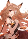 biscuit_(food) blonde_hair bread breasts clothing female food hair happy holding_object inner_ear_fluff open_mouth red_eyes simple_background smile solo tuft ruiler arknights hypergryph studio_montagne ceobe_(arknights) animal_humanoid canid canid_humanoid humanoid mammal mammal_humanoid 2020 absurd_res hi_res