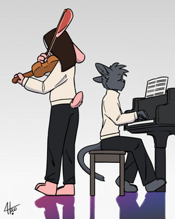 ambiguous_gender anthro bottomwear bowed_string_instrument brown_hair clothed clothing duo fur grand_piano grey_body grey_fur hair keyboard_instrument long_ears music musical_instrument pants performance pianist piano pink_body pink_fur reflection shadow sheet_music simple_background sitting standing string_instrument sweater tail topwear violin violinist borealhao lamapola marucade_(lamapola) domestic_cat felid feline felis lagomorph leporid mammal rabbit 2024 4:5 digital_media_(artwork) hi_res