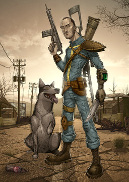 clothing detailed_background duo feral gun holding_gun holding_object holding_ranged_weapon holding_weapon jumpsuit knife male post-apocalyptic ranged_weapon science_fiction toony weapon patrick_brown fallout microsoft dogmeat canid canine canis domestic_dog human mammal detailed hi_res