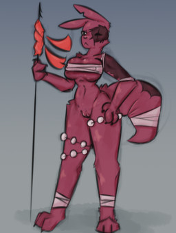 anthro bandage bandaged_tail breasts dominant dominant_female eye_scar facial_scar female fur genitals mature_female natural_breasts nude red_body scar simple_background solo tail vulva weapon alexleviafan rain_world videocult artificer_(rain_world) felid mammal slugcat digital_media_(artwork)
