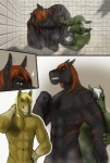 2011 animal_genitalia animal_penis anthro anthro_on_anthro athletic balls big_dom_small_sub big_muscles blonde_hair clenched_teeth comic communal_shower dominant ear_piercing equid equine equine_genitalia equine_penis fur genital_piercing genitals green_body green_fur griz_sylverwing group hair half-erect horse intraspecies male male/male mammal muscular muscular_male nipple_piercing nipples orange_body orange_fur orange_hair penis piercing pony rekhit rov shower size_difference teeth warhorse573