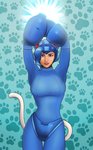 arm_cannon armor blue_eyes blue_hair cosplay energy female footprint fur hair pattern_background pawprint pawprint_background simple_background smile solo white_body white_fur ed-miranda capcom darkstalkers mega_man_(series) super_gem_fighter_mini_mix felicia_(darkstalkers) mega_man_(character) animal_humanoid cat_humanoid felid felid_humanoid feline feline_humanoid humanoid mammal mammal_humanoid absurd_res hi_res