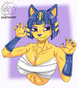 anthro blue_hair blue_nose clothing female fur hair nails solo yellow_body yellow_fur allartskye animal_crossing nintendo ankha_(animal_crossing) blue_naped_parrot felid feline mammal hi_res