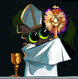 anthro clothing container cup goblet green_eyes hat headgear headwear holding_object male mitre pope religion religious_clothing religious_headwear robe solo saintlycharles catholicism christianity the_legend_of_pipi pipi_(the_legend_of_pipi) domestic_cat felid feline felis mammal 2021