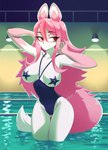 anthro black_nose breasts clothing female hair looking_aside one-piece_swimsuit pasties pink_hair smile solo star_pasties swimming_pool swimwear water dannyckoo kinuli brand_new_animal studio_trigger nazuna_hiwatashi canid canine fox mammal 2021 hi_res