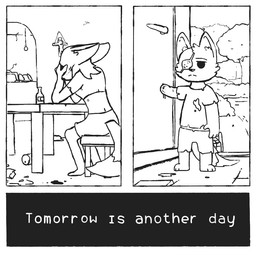 aged_down alcohol alternate_species alternate_universe amputee anthro beverage bodily_fluids bottle building clothed clothing container cross crying disability duo eye_patch eyewear female frown furrification house inside looking_away male sad tears text torn_clothing young gud five_nights_at_freddy's scottgames fan_character foxy_(fnaf) canid canine fox mammal 1:1 comic english_text monochrome