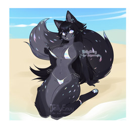 anthro beach big_breasts big_tail bikini black_body black_fur black_hair breasts clothing clothing_pull dipstick_tail feet female fluffy fur fur_markings grey_body grey_fur hair highlights_(coloring) huge_tail long_hair looking_at_viewer markings navel pattern_bikini pattern_clothing pattern_swimwear pawpads simple_background sitting solo striped_bikini striped_clothing striped_swimwear stripes swimwear tail tail_markings thick_thighs two-piece_swimsuit water wide_hips jellyenvy holo_(argorrath) canid canine fox mammal hi_res watermark