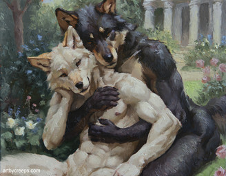 anthro athletic athletic_anthro athletic_male black_body black_fur black_nose brown_body brown_fur claws duo finger_claws flower fur hug intimate male male/male multicolored_body multicolored_fur nipples nude nude_anthro nude_male nuzzling outside plant pointy_ears rose_(flower) white_body white_fur creeps canid canine canis mammal wolf 2025 oil_painting_(artwork) painting_(artwork) traditional_media_(artwork) traditional_painting_(artwork)