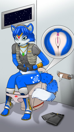 anthro anus bathroom bottomwear bottomwear_aside clothed clothing clothing_aside cosmic_background female genitals jewelry markings military necklace organs panties panties_down partially_clothed pooping pooping_in_toilet public_restroom rear_view restroom_stall shorts shorts_aside sitting sitting_on_toilet soldier solo space space_background stomach tattoo toilet toilet_paper toilet_use tribal tribal_markings tribal_tattoo underwear underwear_down vulva warrior f50_(artist) xavie-r nintendo star_fox krystal_(star_fox) alien canid canine fox mammal hi_res