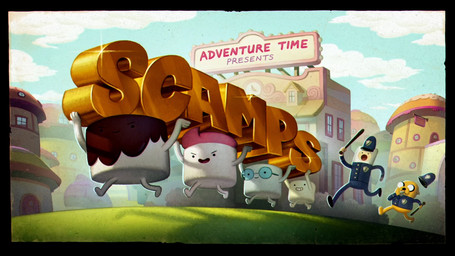 ambiguous_gender anthro baton building clothing detailed_background food group hat headgear headwear male not_furry_focus on_model open_mouth outside police police_officer running smile stealing text thief title title_card toony joy_ang adventure_time cartoon_network finn_the_human jake_the_dog marshmallow_kids candy_people_(at) canid canine canis domestic_dog food_creature human humanoid mammal 16:9 digital_media_(artwork) english_text hi_res official_art widescreen