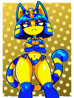 anthro bell bell_collar blue_body blue_clothing blue_eyes blue_fur blue_hair blue_lingerie border breasts cat_lingerie cleavage_cutout clothing collar crossed_arms cutout eyelashes eyeshadow female frown fur hair lingerie looking_at_viewer makeup markings navel pattern_background purple_eyeshadow short_hair simple_background solo striped_markings striped_tail stripes tail tail_markings thick_thighs uraeus white_border wide_hips yellow_background yellow_body yellow_fur itakeabite animal_crossing nintendo ankha_(animal_crossing) domestic_cat felid feline felis mammal 3:4 absurd_res hi_res