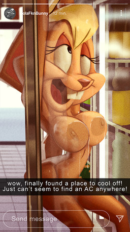 against_surface anthro appliance breasts buckteeth caption eye_roll female fridge front_view kitchen_appliance nipples nude nude_anthro nude_female on_glass open_mouth selfie solo teeth text authorialnoice looney_tunes snapchat the_looney_tunes_show warner_brothers lola_bunny lagomorph leporid mammal rabbit 2022 censored english_text portrait three-quarter_portrait