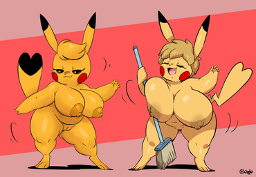3_toes 5_fingers :3 anthro areola big_breasts breasts broom casual_nudity cleaning_tool cleft_tail clothing cosplay_pikachu_(costume) dancing dipstick_ears dipstick_tail duo ear_markings eyes_closed feet female fingers fur furniture genitals hair head_tuft heart_tail holding_object huge_breasts markings mature_anthro mature_female multicolored_ears multicolored_tail narrowed_eyes nipples nude open_mouth open_smile porn_star short_hair shortstack smile stool tail tail_markings thick_thighs toes tuft vulva wide_hips joaoppereiraus nintendo pokemon cosplay_pikachu_(character) kanna_(joaoppereiraus) mary_(joaoppereiraus) generation_1_pokemon pikachu pokemon_(species) 2026 digital_media_(artwork) signature daughter_(lore) mother_(lore) mother_and_child_(lore) mother_and_daughter_(lore) parent_(lore) parent_and_child_(lore) parent_and_daughter_(lore)