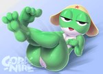 anthro butt feet foot_fetish foot_focus green_body hand_on_chest looking_at_viewer male round_head solo text toes gobanire sgt._frog keroro alien amphibian frog