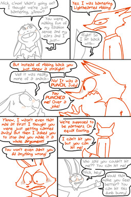6_panel_comic anthro argument blush blush_lines clothing collared_shirt color_coded color_coded_speech_bubble dialogue duo eye_contact female gesture hand_gesture larger_male linked_speech_bubble looking_at_another male open_mouth shirt simple_background size_difference smaller_female speech_bubble text topwear white_background yelling the_weaver disney zootopia judy_hopps nick_wilde canid canine fox lagomorph leporid mammal rabbit red_fox true_fox 2025 colored_line_art comic digital_drawing_(artwork) digital_media_(artwork) english_text hi_res