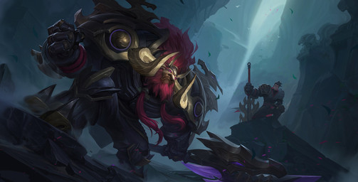 angry anthro armor beard black_hair canyon clothing crouching duo dutch_angle facial_hair fist gloves glowing glowing_eyes hair handwear holding_melee_weapon holding_object holding_weapon horn male melee_weapon red_beard red_facial_hair red_hair weapon yuyu_wong honor_of_kings niumo_(honor_of_kings) bovid bovine human mammal hi_res official_art