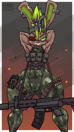 accessory angry anthro armpit_fetish bodysuit brown_body brown_fur bulge camo camo_print clothed clothing ear_piercing eye_patch eyeshadow eyewear fur green_eyes green_hair gun hair hands_behind_head looking_at_viewer makeup male multicolored_hair muscular pattern_clothing piercing ranged_weapon rifle scar simple_background skinsuit solo standing teeth thick_thighs tight_clothing warrior weapon wide_hips limetentacle lagomorph leporid mammal rabbit hi_res