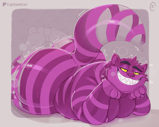 anthro big_butt bodily_fluids butt claws feet feet_up fur half-closed_eyes head_on_hand invisible laugh male moobs narrowed_eyes nipples onomatopoeia purple_body sharp_teeth smile solo sound_effects striped_body striped_fur stripes sweat sweaty_body tail teeth text translucent translucent_body wiggling_butt yellow_sclera capitankoki alice_in_wonderland cheshire_cat cheshire_cat_(species) absurd_res hi_res