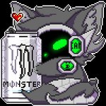 1:1 animated anthro beverage beverage_can c.a.m. canid canine canis digital_media_(artwork) fur glowing green_body green_eyes grey_body grey_fur heart_symbol hug jackal likara low_res machine male mammal monster_energy monster_energy_can pixel_(artwork) pixel_animation protogen robotic screen screen_face short_playtime solo yuri_chacal