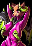 anthro black_background black_wings female green_eyes green_horn green_nipples green_tongue green_wings hands_behind_head hood horn latex long_tongue membrane_(anatomy) membranous_wings nipple_mouth nipples open_mouth orange_body purple_body purple_eyes purple_nose raised_arm simple_background solo tongue tongue_out whiskers wings fapchop latex_dungeon crown_(usernamecrownisalreadytake) canid canine demon fox mammal purple_demon absurd_res digital_drawing_(artwork) digital_media_(artwork) hi_res