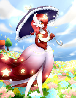 3_fingers cloud detailed_background featureless_feet feet female fingers glowing hair hair_over_eye light meadow medium_hair not_furry one_eye_obstructed open_mouth red_eyes red_hair sky solo star sunlight umbrella wind baterco nintendo pokemon generation_3_pokemon generation_6_pokemon humanoid mega_evolution mega_gardevoir pokemon_(species) 2022 absurd_res hi_res signature