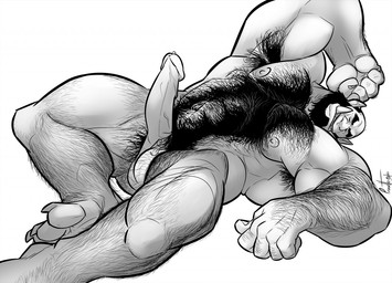 armpit_hair biceps body_hair chest_hair erection genitals hairy male muscular muscular_humanoid muscular_male nipples not_furry nude pecs penis pubes smile solo tusks hogswild humanoid orc monochrome