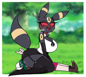 age_difference anthro armwear big_breasts black_body blush boots bottomwear breasts cleavage clothed clothing duo facesitting female female/female footwear garter_straps gesture hand_gesture hat headgear headwear high_heeled_boots high_heels human_on_anthro interspecies legwear long_tail miniskirt outline pokephilia red_sclera shirt shoes sitting_on_another size_difference skirt sleeveless_shirt smile tail thigh_highs thumbs_up topwear nelljoestar nintendo pokemon gloria_(pokemon) eeveelution generation_2_pokemon human mammal pokemon_(species) umbreon digital_media_(artwork) hi_res