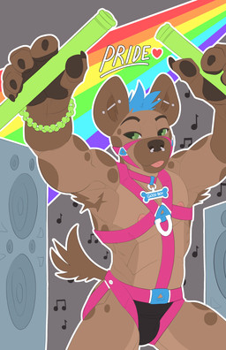 anthro armpit_hair blep blue_hair body_hair bone_tag bracelet brown_body brown_fur brown_spots clothing collar collar_tag dancing ear_piercing facial_piercing fur glowstick good_boy green_eyes hair harness industrial_piercing jewelry jockstrap lgbt_pride looking_at_viewer male musical_note musical_symbol muzzle_(object) muzzled nipples nose_piercing nose_ring piercing pride_colors rave ring_piercing solo speaker spots standing symbol tail tongue tongue_out underwear wearing_collar wearing_harness bolt_carrier lgbt_pride_month hyena mammal spotted_hyena absurd_res digital_drawing_(artwork) digital_media_(artwork) english_description hi_res