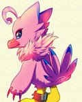 beak blue_eyes blue_markings claws feathers female looking_back markings pink_body pink_feathers red_claws ring semi-anthro solo toe_claws tuft silberhoernchen bandai_namco digimon avian biyomon digimon_(species) 2020 4:5 low_res traditional_media_(artwork) unavailable_at_source