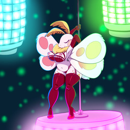 anthro armwear big_breasts biped breasts clothing elbow_gloves eyelashes eyes_closed female fluffy footwear fur gloves handwear high_heels legwear nipples non-mammal_breasts non-mammal_nipples pole shoes solo stockings stripper_pole white_body white_fur wings lonbluewolf arthropod insect lepidopteran moth 1:1 hi_res