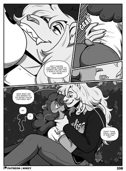 anthro big_breasts big_butt biped blush border bottomwear breasts butt clothed clothing dialogue duo eyebrows female male male/female outside pupils side_view size_difference speech_bubble text thick_thighs topwear white_border nimzy noms_(nimzy) tobi_(nimzy) cricetid felid hamster mammal pantherine rodent comic english_text hi_res monochrome