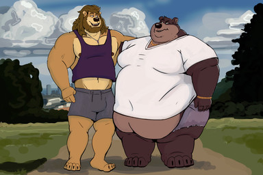 anthro beard belly belly_overhang belly_peek big_bulge bottomwear bracelet bulge clothing cloud duo facial_hair jewelry looking_at_another male male/male mane moobs muscular muscular_arms muscular_male navel navel_outline necklace open_mouth outside overweight overweight_male pecs shirt shorts side_hug smile standing tank_top thick_thighs topwear weight_difference tcw bear felid lion mammal pantherine hi_res