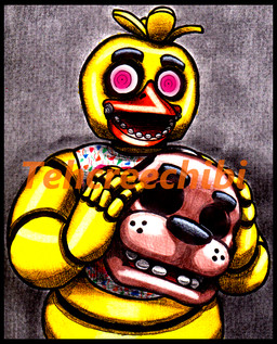 5_fingers anthro arms_bent beak bib_only black_border black_eyebrows border eyebrows female female_anthro fingers glowing glowing_eyes grey_background holding_mask light looking_at_viewer machine open_beak open_mouth orange_beak pink_eyes simple_background solo teeth text thick_eyebrows toothed_beak white_bib yellow_body tehcreechibi five_nights_at_freddy's scottgames chica_(fnaf) animatronic avian bird chicken galliform phasianid robot 2015 artist_name colored_pencil_(artwork) english_description half-length_portrait lighting marker_(artwork) portrait shaded traditional_media_(artwork)