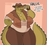 anthro big_breasts breasts cleavage clothed clothing curvy_figure female green_body hat headgear headwear huge_breasts open_mouth open_smile sharp_teeth simple_background smile solo teeth text thick_thighs voluptuous wide_hips conditional_dnp welwraith hallie_(welwraith) alligator alligatorid crocodilian reptile scalie 2023 digital_media_(artwork) english_text