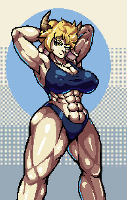 abs anthro athletic biceps big_breasts blonde_hair bouncing_breasts breasts clothing coat female fitness hair hands_behind_head horn mature_female muscular muscular_anthro muscular_female muscular_thighs nipple_outline quads serratus simple_background solo topwear anonidramon lallamitan_t rebecca_(lallamitan_t) bovid caprine goat mammal animated digital_media_(artwork) pixel_(artwork) pixel_animation