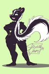 anthro breasts butt female fur green_eyes hands_on_hips looking_at_viewer looking_back open_mouth open_smile smile solo striped_body striped_fur stripes tail ravi_skunk dreamworks over_the_hedge stella_(over_the_hedge) mammal mephitid skunk 2024 absurd_res hi_res signature