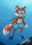 anthro blue_clothing blue_swimming_trunks blue_swimwear clothing flippers male scuba solo swimming swimming_trunks swimwear underwater water young sagadreams lucky's_tale_(series) playful_corp. lucky_swiftail canid canine fox mammal hi_res